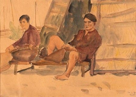 NGUYEN TRONG CAT
Vietnam, 1929-
 : Due pescatori, 1965...  - Auction Dai bronzi arcaici cinesi alla pittura indonesiana e vietnamita del novecento - Bertolami Fine Art - Casa d'Aste