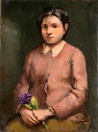 ALBERTO ZIVERI  (Roma, 1908 - 1990) : Ragazza con mazzo di violette, 1943  - Olio su tela, 61 x 44,5 cm - Asta Dipinti, Disegni e Sculture dal XIX al XXI secolo e Collezione Cornelio Di Marzio - Bertolami Fine Art - Casa d'Aste