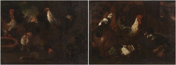 GIOVANNI AGOSTINO CASSANA (Venezia, 1658 ca. - Genova, 1720) - Nature morte con galli, anatre e conigli. Coppia di dipinti...