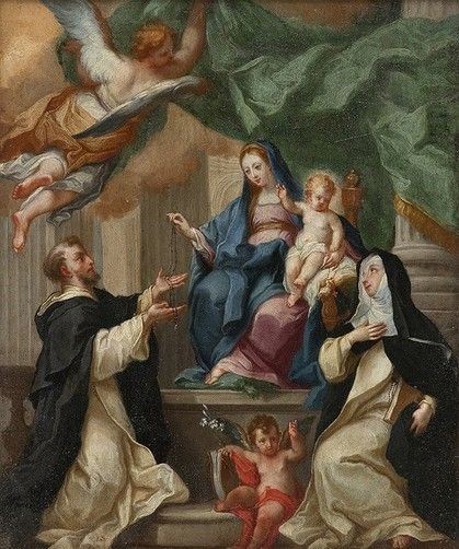 SCUOLA ROMANA, PRIMA META&#8217; DEL XIX SECOLO - La Madonna con Bambino in trono conferisce il rosario a San Domenico alla prese...