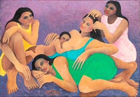 Gruppo di figure femminili, 1989...  - Asta Dai bronzi arcaici cinesi alla pittura indonesiana e vietnamita del novecento - Bertolami Fine Art - Casa d'Aste