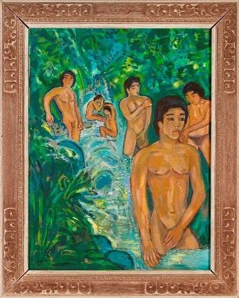 Giovani balinesi nudi al bagno nel torrente, 1987...  - Auction Dai bronzi arcaici cinesi alla pittura indonesiana e vietnamita del novecento - Bertolami Fine Art - Casa d'Aste