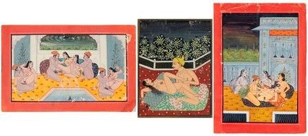 TRE MINIATURE DI TEMA EROTICO
India, XIX secolo...  - Asta Dai bronzi arcaici cinesi alla pittura indonesiana e vietnamita del novecento - Bertolami Fine Art - Casa d'Aste