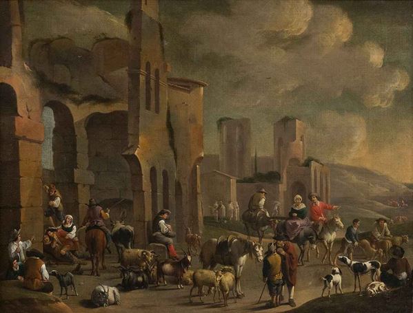 PIETER VAN BREDAEL (Anversa, 1629 - 1719) : Grande scena bucolica con pastori e armenti fra le rovine...  - Asta Dipinti e disegni antichi. Secoli XVI-XIX - Bertolami Fine Art - Casa d'Aste