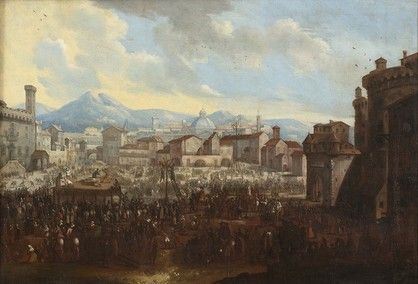 Pittore fiammingo attivo in Italia, prima met&#224; XVII secolo : Scena di esecuzione in una piazza toscana...  - Auction Dipinti, disegni, sculture e oggetti di antiquariato dal XV al XIX secolo - Bertolami Fine Art - Casa d'Aste