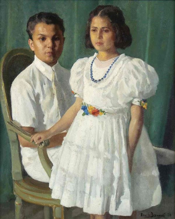 ROMOLO BERNARDI
Barge, 1876 - Torino, 1956 - Ritratto dei figli, 1953...