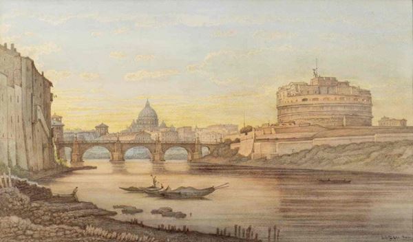 JULIUS ZIELCKE
Danzica, 1826 - Roma, 1907 - Veduta di Castel Sant’Angelo e San Pietro...