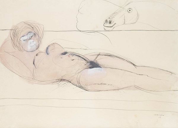 BRUNO CASSINARI (Piacenza, 1912 - Milano, 1992) : Naked figure, 1966  - Mixed media on paper, 53,5 x 73 cm - Auction Dipinti, Disegni e Sculture dal XIX al XXI secolo e Collezione Cornelio Di Marzio - Bertolami Fine Art - Casa d'Aste