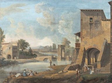 SCUOLA ROMANA, FINE XVIII SECOLO - Veduta con Ponte Milvio, pescatori e viandanti...