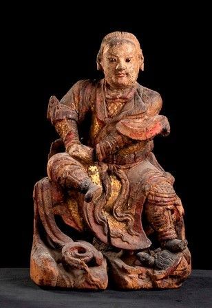 SCULTURA CON ZENWU IN LEGNO PARZIALMENTE DORATO
Cina, dinastie Ming-Qing, XVII-...