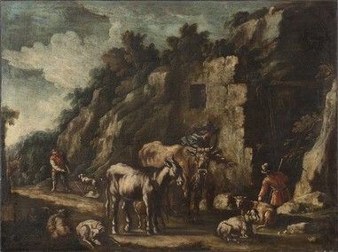 SCUOLA NAPOLETANA, XVII / XVIII SECOLO : Scena pastorale...  - Auction Dipinti, disegni, sculture e oggetti di antiquariato dal XV al XIX secolo - Bertolami Fine Art - Casa d'Aste