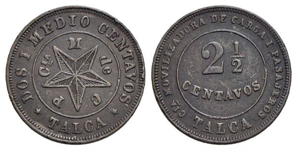 CILE. Repubblica. 2 e 1/2 centavos. Talca. Gettone per il trasporto passeggeri....  - Auction Monete e medaglie moderne Italiane ed Estere - Bertolami Fine Art - Casa d'Aste