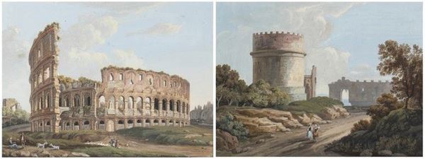 SCUOLA ROMANA, PRIMA META&#8217; DEL XIX SECOLO - Colosseo - Tomba di Cecilia Metella, Coppia di gouaches...