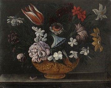 AMBITO DEL &#8220;MAESTRO DEL VASO A GROTTESCHE&#8221; : Bouquet di fiori su vaso metallico...  - Auction Dipinti, disegni, sculture e oggetti di antiquariato dal XV al XIX secolo - Bertolami Fine Art - Casa d'Aste