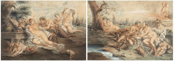 JACQUES-PHILIPPE CARESME (Parigi, 1734 - 1796) : Satiri con ninfe e putti, coppia di disegni en pendant...  - Asta Dipinti, disegni, sculture e oggetti di antiquariato dal XV al XIX secolo - Bertolami Fine Art - Casa d'Aste