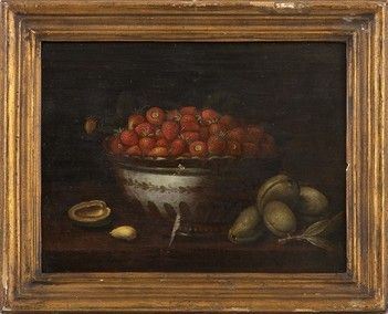 AMBITO DI PANFILO NUVOLONE (Cremona, 1581 - Milano, 1651) - Natura morta con fragole in una coppa di ceramica e albicocche...
