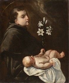 SCUOLA VENETA, FINE XVII SECOLO : Sant’Antonio da Padova in adorazione del Bambino...  - Asta Dipinti, disegni, sculture e oggetti di antiquariato dal XV al XIX secolo - Bertolami Fine Art - Casa d'Aste