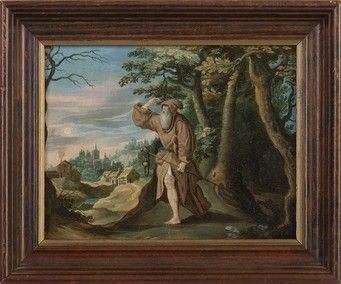 CERCHIA DI MAERTEN DE VOS (Anversa, 1532 - 1603) - Paesaggio boschivo con San Muzio eremita...