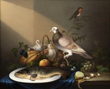 Natura morta con frutta, colombi e piatto con pesce...  - Asta Dipinti, disegni, sculture e oggetti di antiquariato dal XV al XIX secolo - Bertolami Fine Art - Casa d'Aste