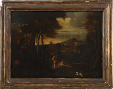 Paesaggio con lavandaie presso un corso d'acqua...  - Auction Dipinti, disegni, sculture e oggetti di antiquariato dal XV al XIX secolo - Bertolami Fine Art - Casa d'Aste