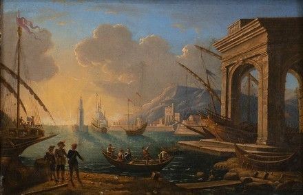 Scuola napoletana, XVIII secolo : Capriccio costiero con porto, figure e imbarcazioni...  - Asta Dipinti, disegni, sculture e oggetti di antiquariato dal XV al XIX secolo - Bertolami Fine Art - Casa d'Aste