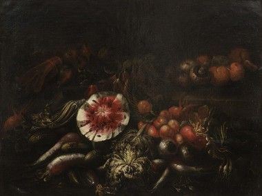 PAOLO PAOLETTI (Padova, 1671 - Udine, 1735), ATTRIBUITO - Natura morta con cocomero spaccato, pesche, funghi e ortaggi...