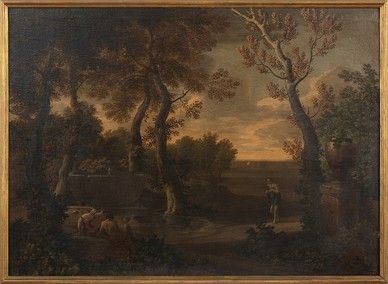 Gaspard Dughet : Paesaggio con figura e vestigia classiche...  - Asta Dipinti, disegni, sculture e oggetti di antiquariato dal XV al XIX secolo - Bertolami Fine Art - Casa d'Aste