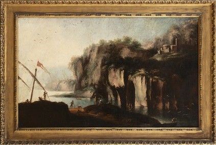 Salvator Rosa : Paesaggio costiero con grande scogliera e figure...  - Asta Dipinti, disegni, sculture e oggetti di antiquariato dal XV al XIX secolo - Bertolami Fine Art - Casa d'Aste