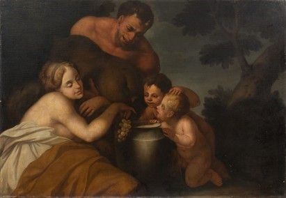 Satiro con nifa e putti in un paesaggio...