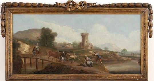 Paesaggio costiero con ponte, pastori, armenti e un torrione...  - Asta Dipinti, disegni, sculture e oggetti di antiquariato dal XV al XIX secolo - Bertolami Fine Art - Casa d'Aste