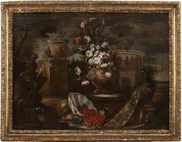 Scuola napoletana, prima met&#224; XVIII secolo : Natura morta con fiori e pavone...  - Asta Dipinti, disegni, sculture e oggetti di antiquariato dal XV al XIX secolo - Bertolami Fine Art - Casa d'Aste