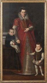 TIBERIO TITI (Firenze, 1573 - 1627), ATTRIBUITO - Ritratto di gentildonna (Maria di Cosimo Tornabuoni?) con i due figli...