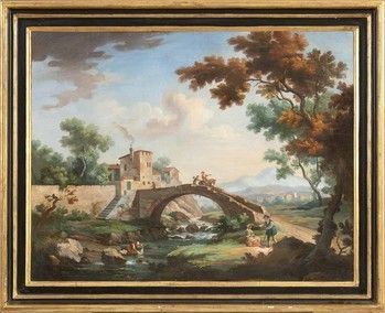 Paesaggio con corso d'acqua, pontile e viandanti...  - Asta Dipinti, disegni, sculture e oggetti di antiquariato dal XV al XIX secolo - Bertolami Fine Art - Casa d'Aste