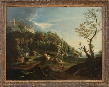 JAN FRANS VAN BLOEMEN (Anversa,  1662 - Roma, 1749), ATTRIBUITO : Paesaggio con figure e borgo fortificato sullo sfondo...  - Auction Dipinti, disegni, sculture e oggetti di antiquariato dal XV al XIX secolo - Bertolami Fine Art - Casa d'Aste