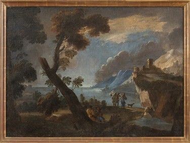 BARTOLOMEO PEDON (Venezia, 1665 - 1732) : Paesaggio costiero con figure e fortificazione su una roccia...  - Auction Dipinti, disegni, sculture e oggetti di antiquariato dal XV al XIX secolo - Bertolami Fine Art - Casa d'Aste