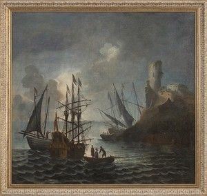 SEGUACE DI CLAUDE JOSEPH VERNET (Avignone, 1714 - Parigi, 1789) : Marina con imbarcazioni, figure e una torre cilindrica sullo sfondo...  - Auction Dipinti, disegni, sculture e oggetti di antiquariato dal XV al XIX secolo - Bertolami Fine Art - Casa d'Aste