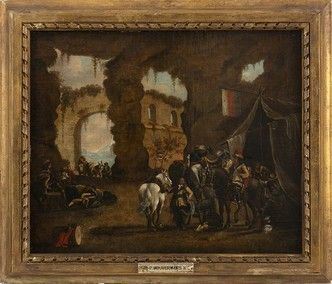 Philips Wouwerman : Scena di mercato fra le rovine, con cavalieri in primo piano...  - Auction Dipinti, disegni, sculture e oggetti di antiquariato dal XV al XIX secolo - Bertolami Fine Art - Casa d'Aste