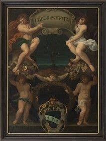 Immagine araldica, con motto "Labor est vita" e arme gentilizia con tre gigli e...  - Auction Dipinti, disegni, sculture e oggetti di antiquariato dal XV al XIX secolo - Bertolami Fine Art - Casa d'Aste