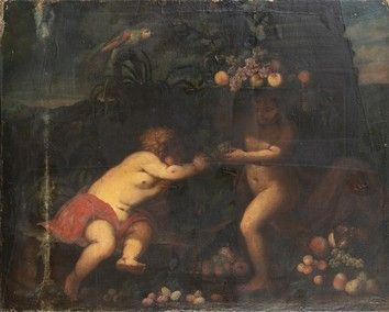 Gioco di putti in un paesaggio con pappagallo e natura morta di frutta...