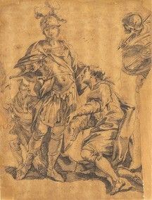 AMBITO DI GIOVAN BATTISTA PITTONI (Venezia, 1687 - 1767) : Studio per una scena con due soldati in armature romane e due figure in abiti s...  - Auction Dipinti, disegni, sculture e oggetti di antiquariato dal XV al XIX secolo - Bertolami Fine Art - Casa d'Aste