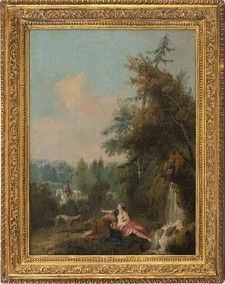 FRANCESCO ZUCCARELLI (Pitigliano, 1702 - Firenze, 1788) : Paesaggio con cascatella, due lavandaie e un cavaliere sullo sfondo...  - Auction Dipinti, disegni, sculture e oggetti di antiquariato dal XV al XIX secolo - Bertolami Fine Art - Casa d'Aste