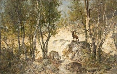 CHARLES FERDINAND CERAMANO (Tielt, 1831 - Barbizon, 1909) - Bosco dell’Ile de France con cervo...