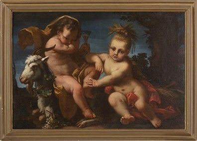 SCUOLA ROMANA, FINE XVII / INIZIO XVIII SECOLO : Coppia di putti con capra (Allegoria dell’Estate)...  - Auction Dipinti, disegni, sculture e oggetti di antiquariato dal XV al XIX secolo - Bertolami Fine Art - Casa d'Aste