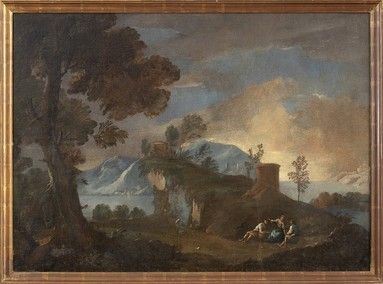 BARTOLOMEO PEDON (Venezia, 1665 - 1732) - Paesaggio portuale con figure, imbarcazioni e torrione cilindrico...