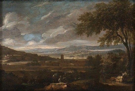 Gaspard Dughet - Paesaggio con viandanti in primo piano e villaggi sullo sfondo...