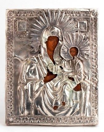 Icona russa con riza in argento raffigurante Madonna di Smolesk  - Mosca 1820-1...