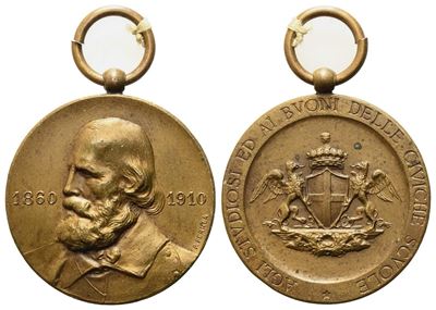 Genova. Medaglia "agli Studiosi ed ai Buoni delle Civiche Scuole" 1910. Busto di Garibaldi, Stemm...