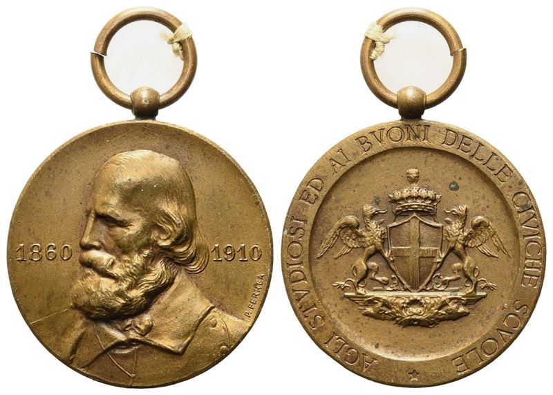 Genova. Medaglia "agli Studiosi ed ai Buoni delle Civiche Scuole" 1910. Busto di Garibaldi, Stemm...