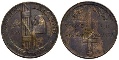 Fasciste. Medaglia 1926 Casa del Fascismo Genova. Ae (30 MM – 9,5 G).colpo al Centro. Cas. IV-43....
