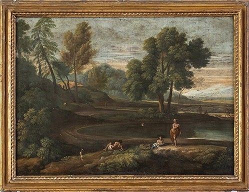 SCUOLA ROMANA, INIZIO XVIII SECOLO - Paesaggio lacustre con figure...